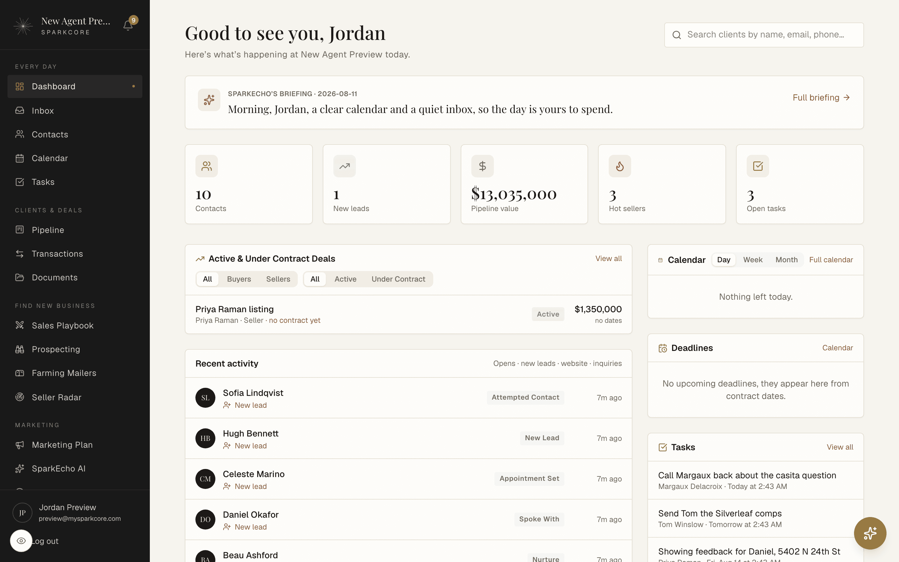 The SparkCore dashboard with the daily briefing, pipeline value, and tasks